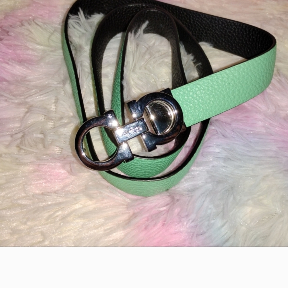 Green Leather Belt with Silver Buckle